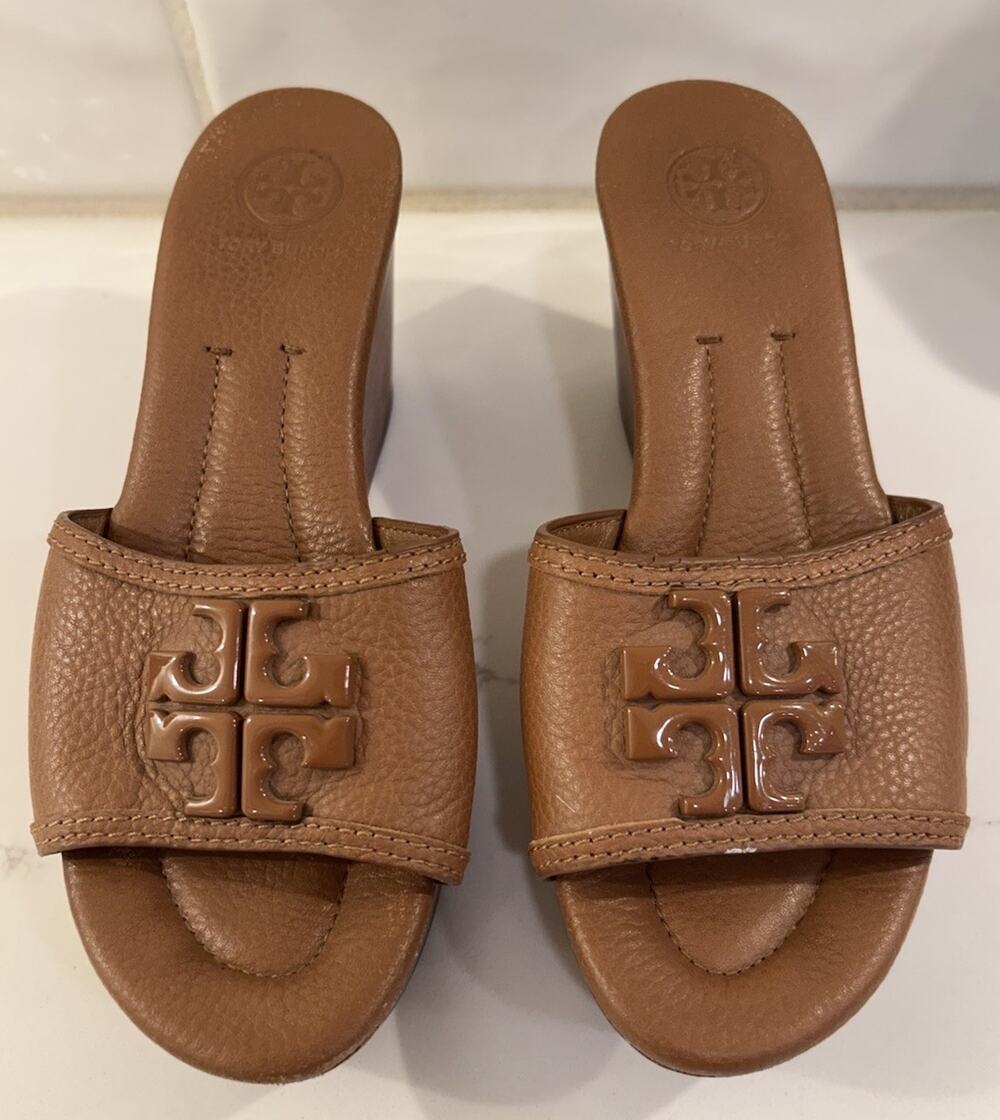 Tory Burch Lowell 2 80MM Royal Tan Leather LOGO Wedge Slides Sandals Sz 5.5 M